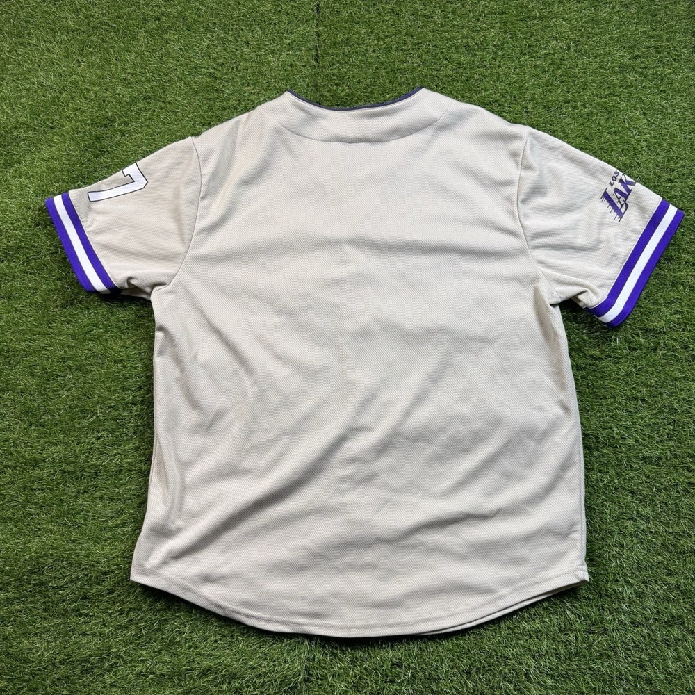 Los Angeles Lakers Baseball Jersey Mens‎ Large Beige Embroidered NBA LeBron Luka - Picture 2 of 8